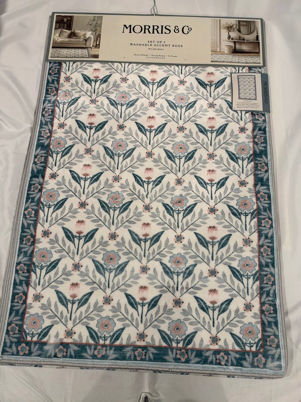 NWT Morris & Co Set of 2 Washable Accent Rugs Wilhelmina 2x5, 24x36 Pet Friendly